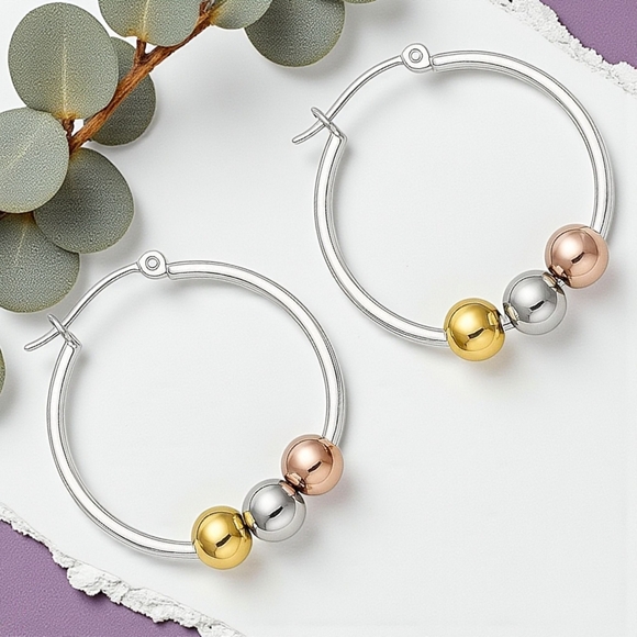 ποΈ18K Gold Plated Stainless Steel Tri-Color Beaded Hoop Earrings Trendy & Chic - Picture 6 of 11
